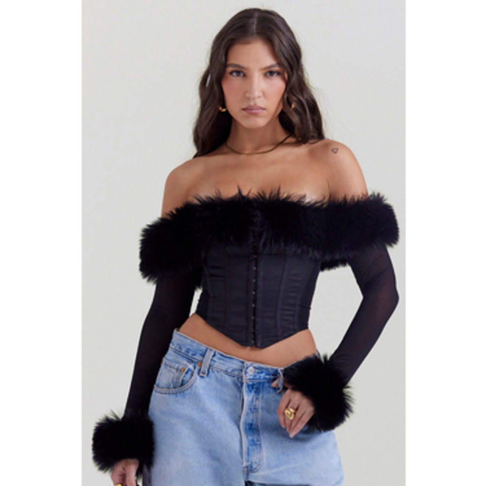 HouseofCB.com Merle Black Faux Fur Trim Corset